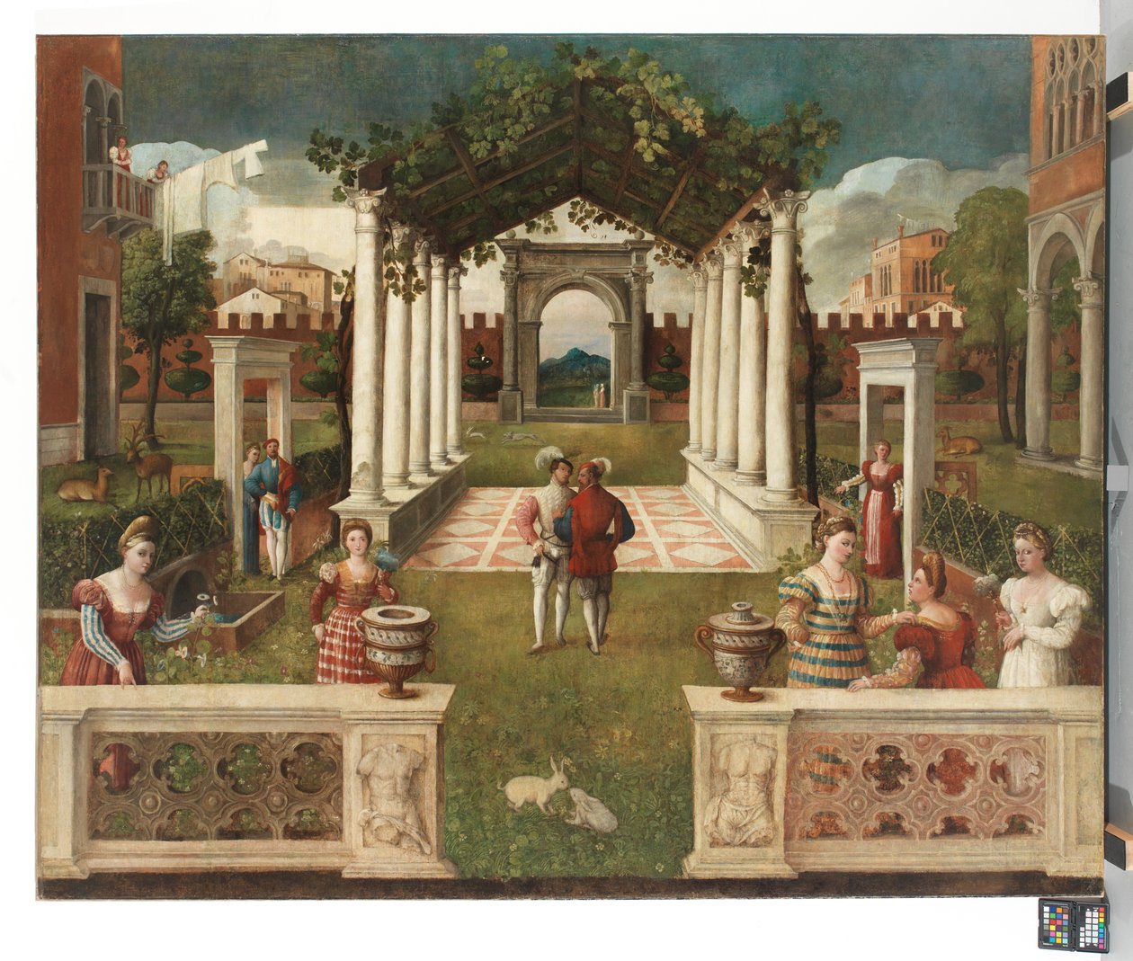 Klasszikus építészeti kert elegáns figurákkal, azon túl hegyes táj, kb. 1530 (olaj, vászon) alkotó: Veronese School