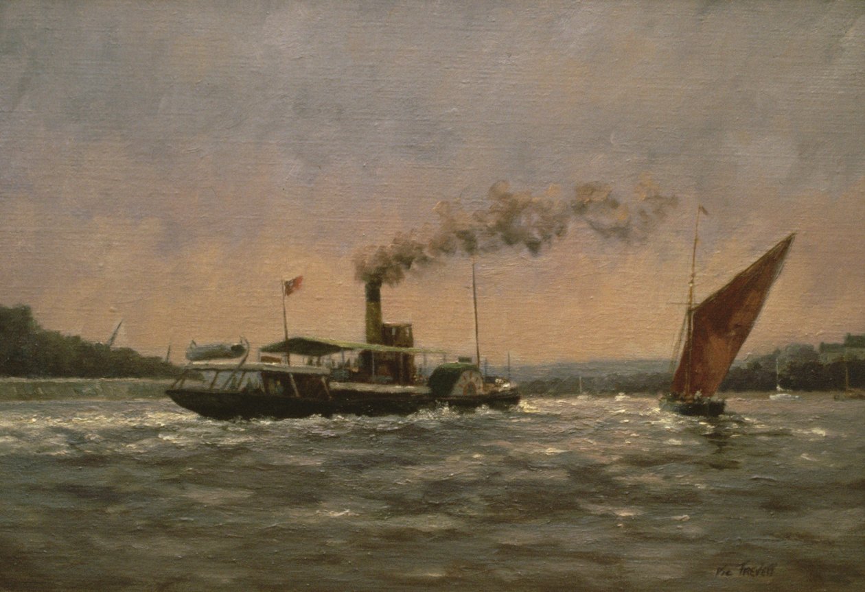 Past on the Medway (egy felújított lapátos gőzhajóval, Kingswear Castle-val) alkotó: Vic Trevett