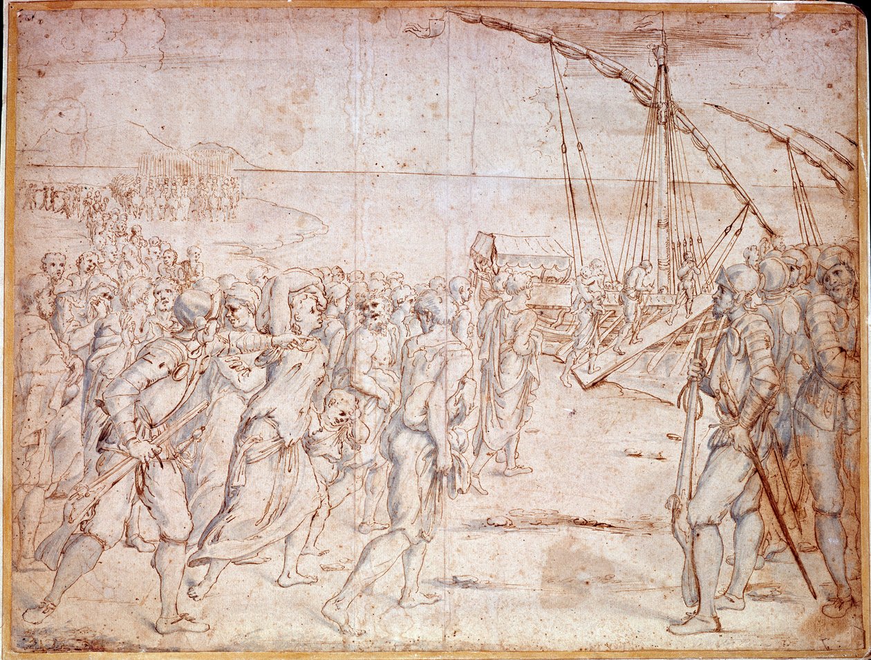A moriszkok deportálása Spanyolországból (a spanyolországi muzulmánok, akik erőszakkal áttértek a katolikus hitre), miután a spanyol Fülöp 1609. szeptember 22-én aláírta a szerződést. Vincencio Carducho (1576-1638) rajza alkotó: Vicente Carducho