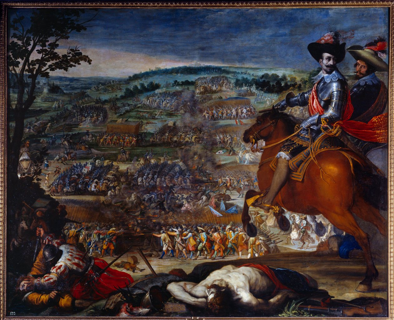 Harmincéves háború: 1618-1648. "A fleurusi csata 1622-ben." Szembeszáll Christian de Brunswick és Ernst von Mansfeld protestáns csapataival a spanyol hadsereggel szemben, amelyet Gonzalo Fernandez de Cordoba jobboldali képviselője vezetett. Vicente Ca. fes alkotó: Vicente Carducho