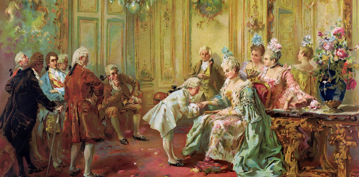 Wolfang Amadeus Mozart (1756-1791) a Madame (Marquise) de Pompadournál (Mozart családja, az európai körút során) (1763-1766) - Akadémiai művészet: Paredes 1763-ban Versailles-ban bemutatta a fiatal Mozartot Madame de Pompadournak, Vicente Gar alkotó: Vicente Garcia de Parades