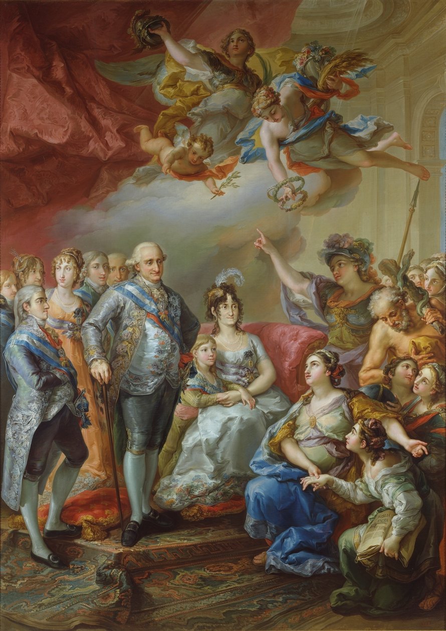Spanyolul: IV. Károly és családja 1802-es valenciai egyetemi látogatásának emlékére. A város irodalmi egyeteme ezt a festményt ajándékozta az uralkodónak, amelyen maga az egyetem látható, egy fiatal matróna megtestesítőjeként, amint az uralkodónak átadja alkotó: Vicente López Portaña