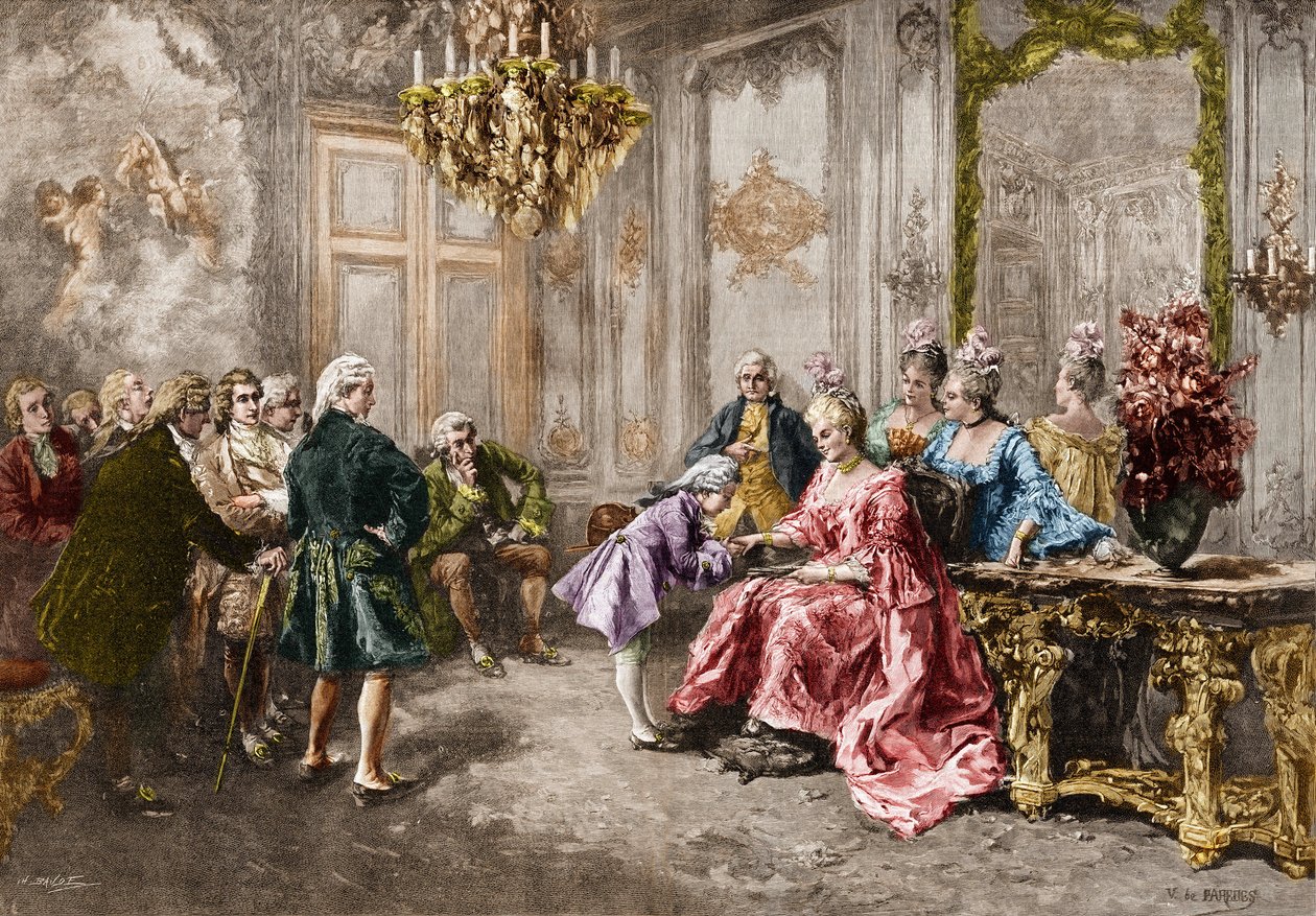 Wolfgang Amadeus Mozart (1756-1791) Madame (Marquise) de Pompadournál (Mozart családja, az európai körút során) (1763-1766). Metszet M. V. de Paredes festménye után. alkotó: Vicente de (after) Paredes