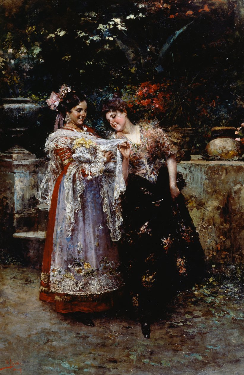 Gyönyörű csipke (Két nő újszülött babával), Vincenzo Irolli (1860-1949), olaj, vászon alkotó: Vicenzo Irolli