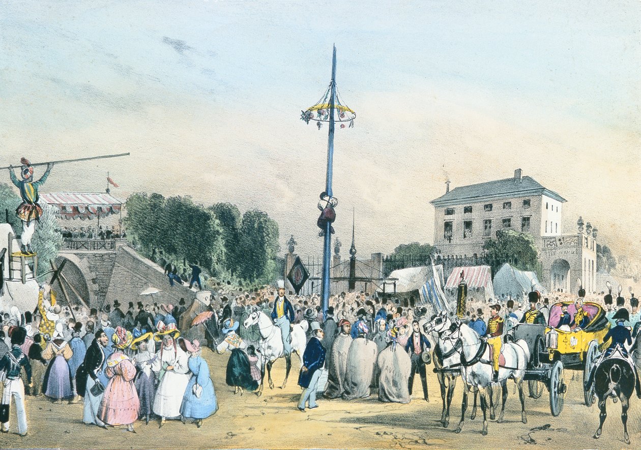 Helyi ünnepségek Párizs körül: a Meudon Belle Vue zsíros oszlopa, Párizs, 1830 alkotó: Victor Adam