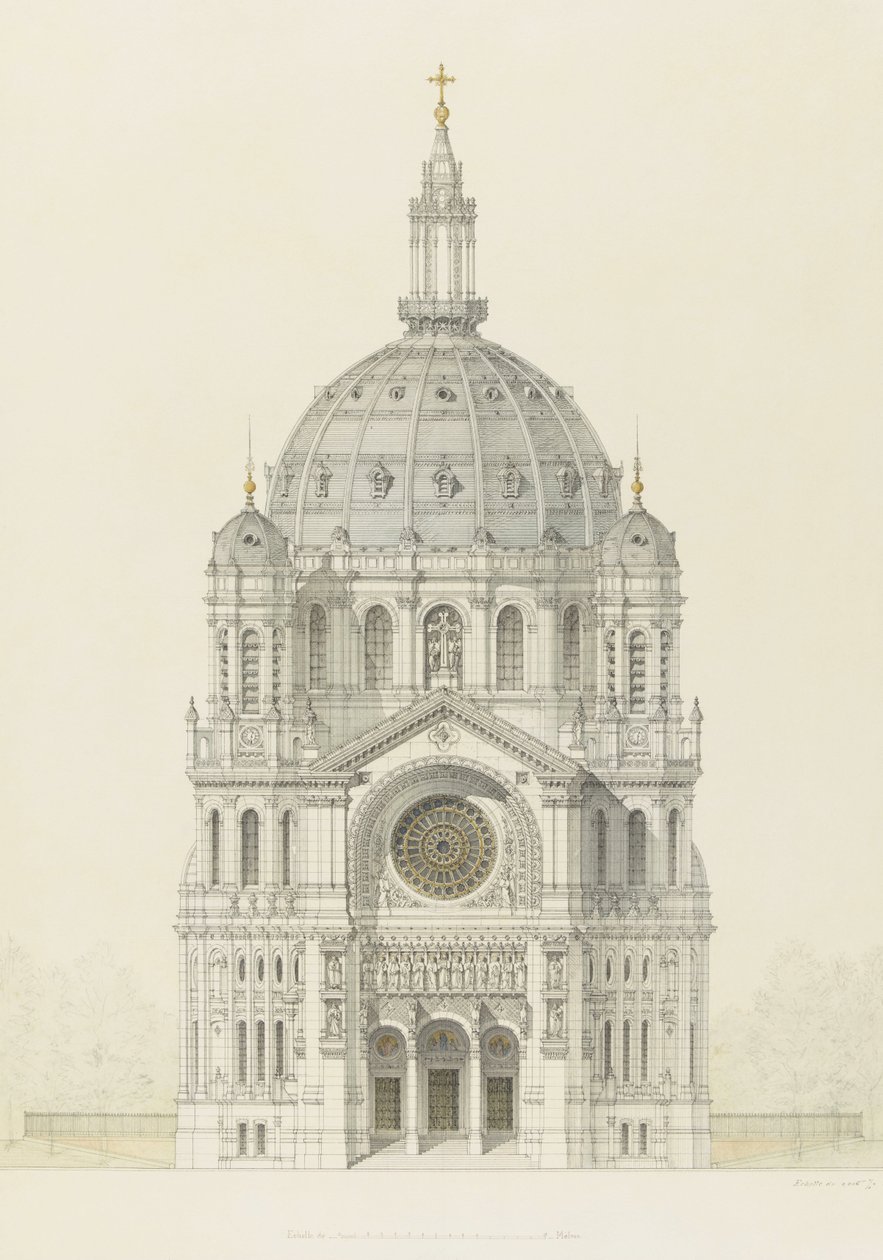 Szent Ágoston -templom, Párizs, a főhomlokzat emelkedése alkotó: Victor Baltard