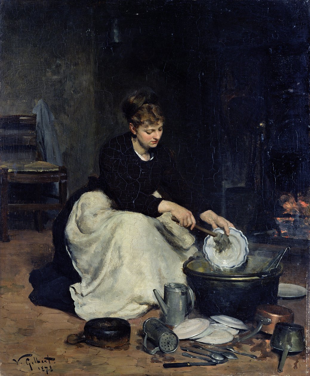 A konyhai cseléd mosogat alkotó: Victor Gabriel Gilbert
