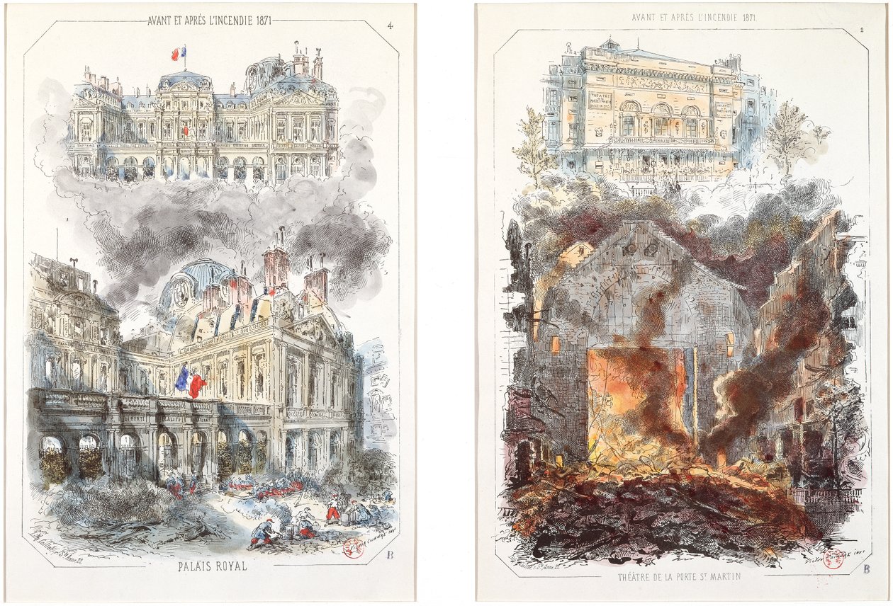 A Palais Royal és a Theater de la Porte Saint-Martin az 1871-es tűzvész előtt és után alkotó: Victor after Coindre