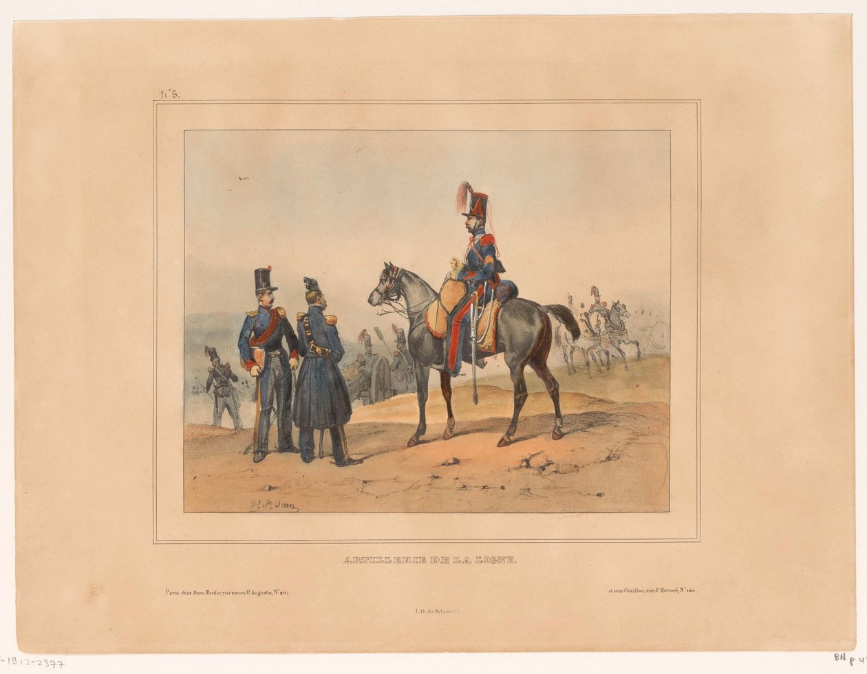 van de Linie tüzérség Vonaltüzérség (cím az objektumon) Military rangen en kostuums van het Franse leger 1832-ben (sorozat címe) Katonai jelmezgyűjtemény, francia hadsereg 1832, műfaji témákban képviselve (sorozat címe) alkotó: Victor Adam