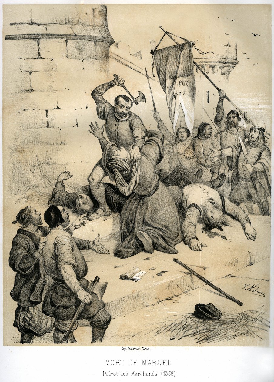 Etienne Marcel, gazdag drapier és Prevot des merchants (1316-1358) meggyilkolása 1358 júliusában Jean Maillart echevin, a királypártiak egyik vezetője által. Victor Adam (1801-1866) metszete a "Franciaország a középkorban" című könyvben, amely a következő  alkotó: Victor Adam