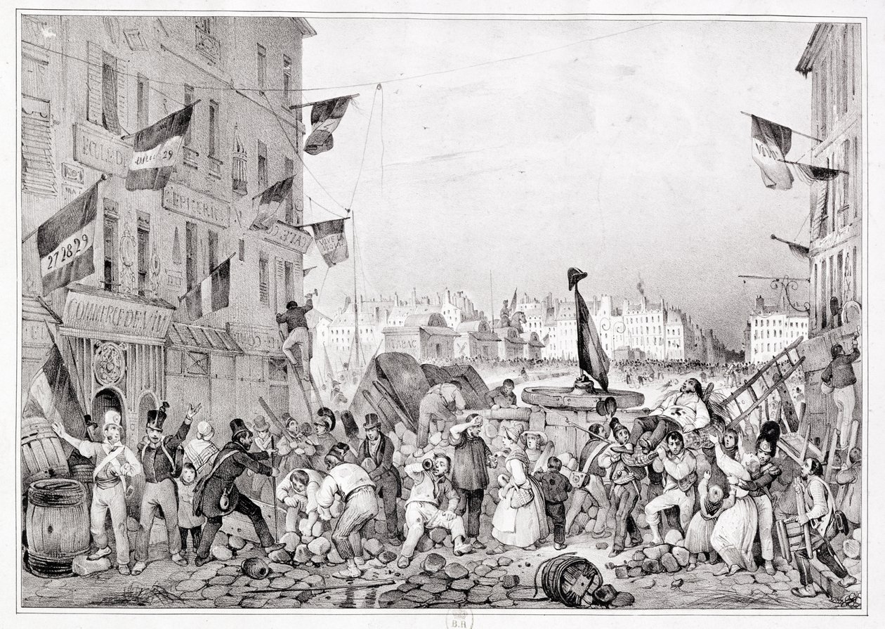 Barikád a Rue Dauphine-nál, 1830. július 29., metszet: H. Delaporte alkotó: Victor Adam