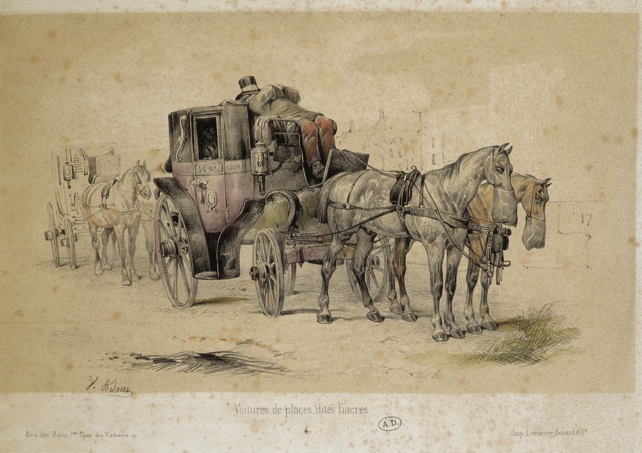 Fiacre-nek nevezett autók – Ádám litográfia, 1840. vers alkotó: Victor Adam