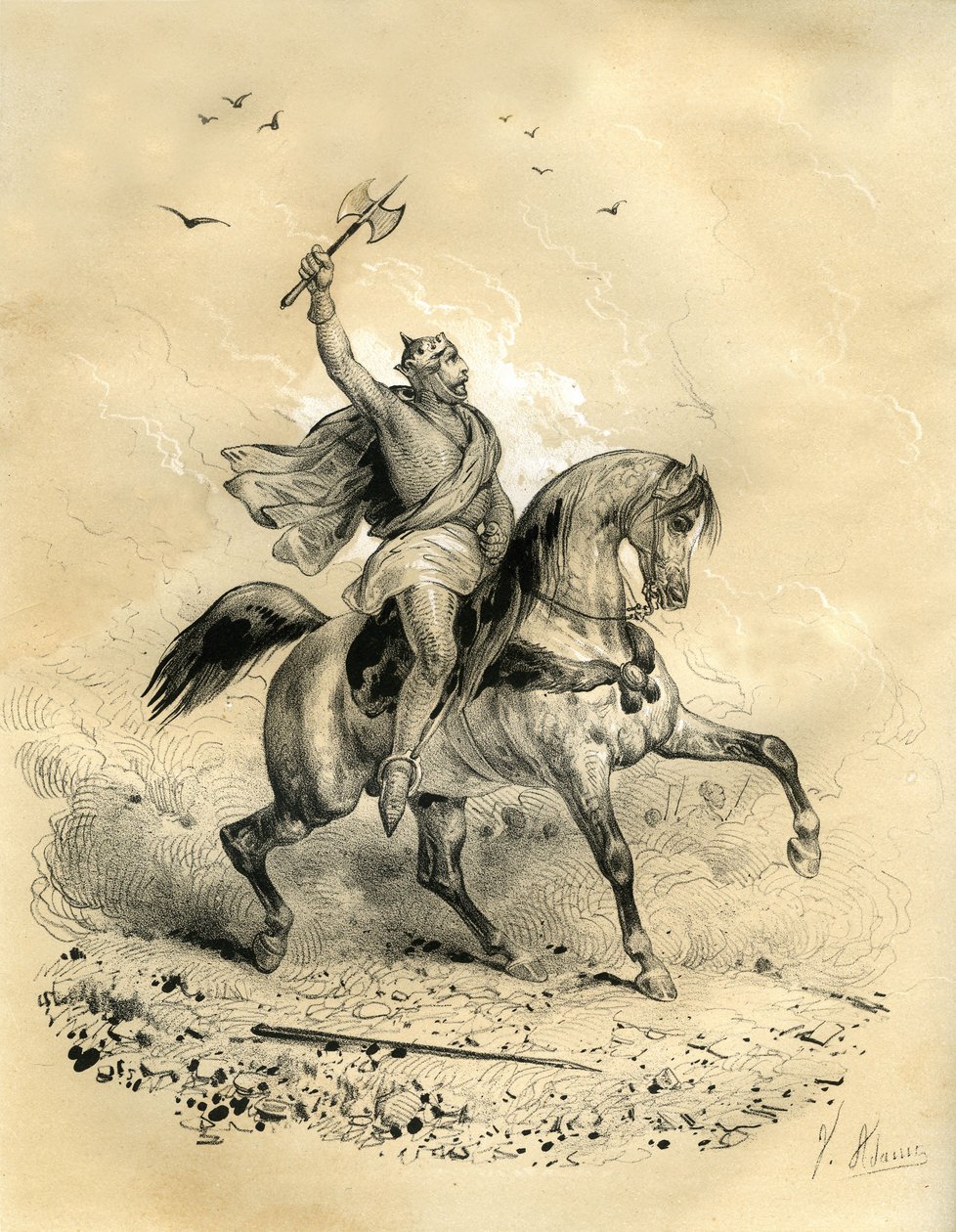 Martell Károly (688-741) 732-ben Poitiers-ben győzött az arab csapatok ellen. Victor Adam (1801-1866) metszete az Ardant testvérek által a 19. század közepén kiadott "Franciaország a középkorban" című könyvben. alkotó: Victor Adam