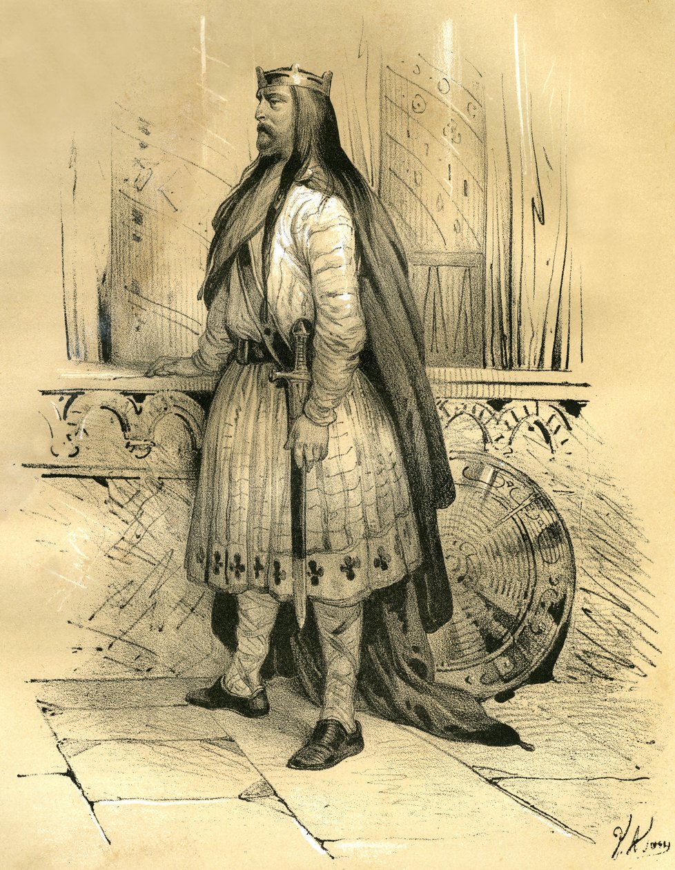Clodion a hajdúk, a száli frankok vezetője 428 körül és 447-ben bekövetkezett halála között, a merovingok valószínű őse. Victor Adam (1801-1866) metszete az Ardant testvérek által az 1. század közepén kiadott "Franciaország a középkorban" című könyvben. alkotó: Victor Adam