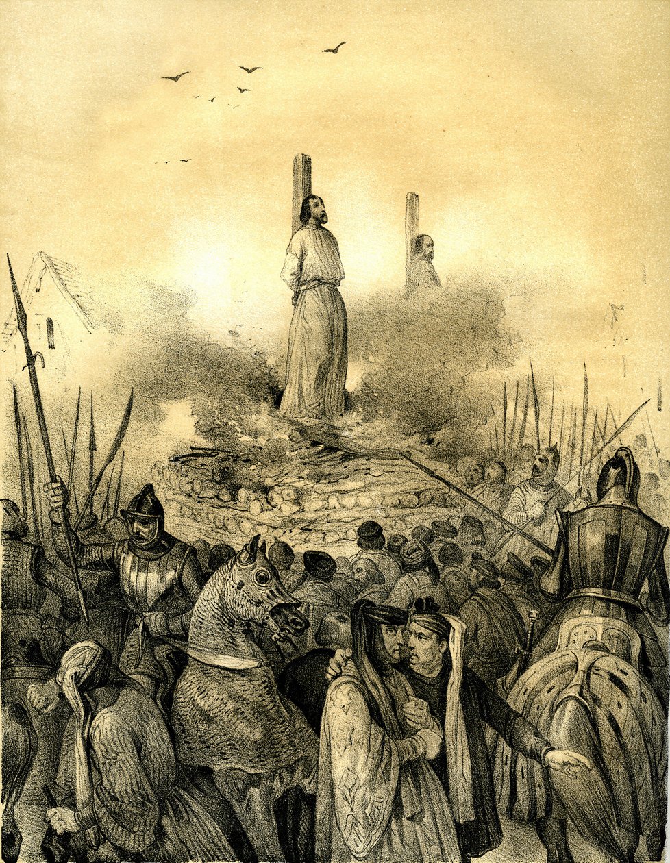 Jacques de Molay (Molai) (1243-1314), a templomosok rendjének utolsó nagy mestere (1298) halála a mészároson. Philippe le Bel letartóztatta (1307), megkínoztatta és bebörtönözte, majd élve elégette Normandia parancsnokával, Geoffroy de Charnnal együtt. alkotó: Victor Adam