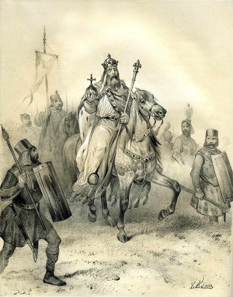 Nagy Károly császár a hatalom jelvényeit viselve, páncélos katonák élén lovagol csapatai élén. Victor Adam (1801-1866) metszete az Ardant testvérek által a 19. század közepén kiadott "Franciaország a középkorban" című könyvben. alkotó: Victor Adam