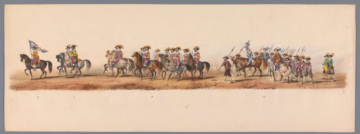 Történelmi körmenet az Utrechti Egyetem második századik évfordulóján, 1836 (5. tábla) A holland hadsereg menetelése Ostendébe, 1600. július 3-án, a nieuwpoorti győzelem másnapján; a H ​​H Student által adott jelmezes előadás szerint alkotó: Victor Adam