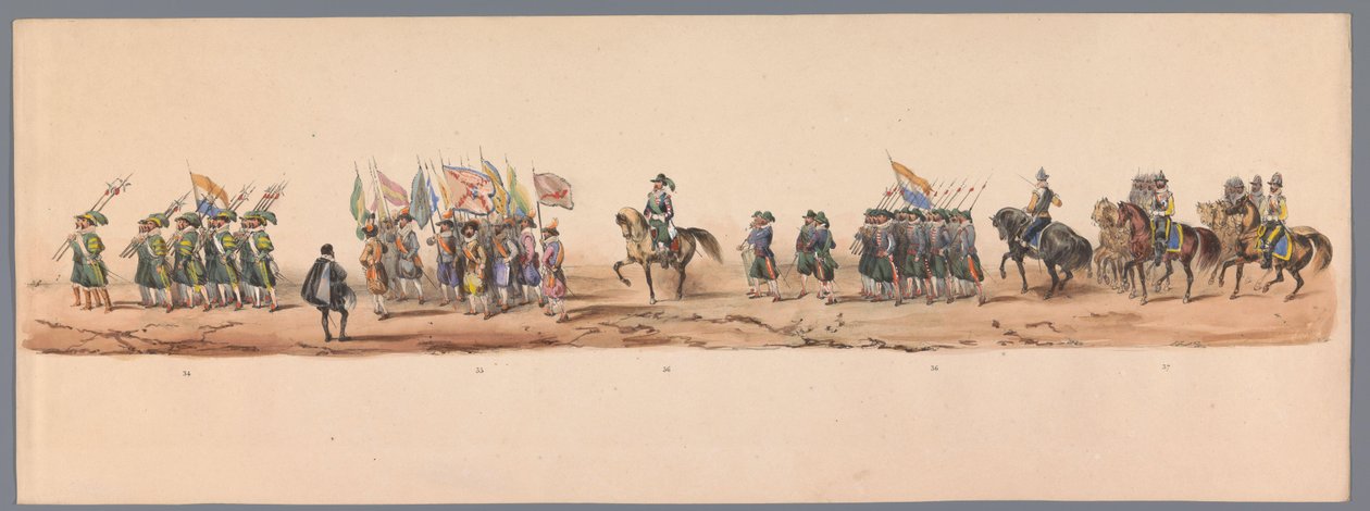 Történelmi körmenet az Utrechti Alkalmazott Tudományok Egyetemének második századik évfordulóján, 1836 (9. tábla) A holland hadsereg közeledése Ostendhez, 1600. július 3-án, a nieuwpoorti győzelem másnapján; a H ​​H Student által adott jelmezes ábrázolás s alkotó: Victor Adam