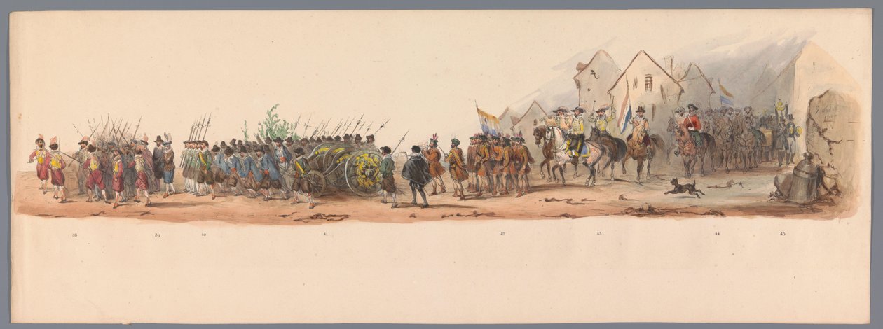 Történelmi körmenet az Utrechti Egyetem második századik évfordulóján, 1836 (10. tábla) A holland hadsereg menetelése Ostendébe, 1600. július 3-án, a nieuwpoorti győzelem másnapján; a H ​​H Studen által adott jelmezes előadás szerint alkotó: Victor Adam