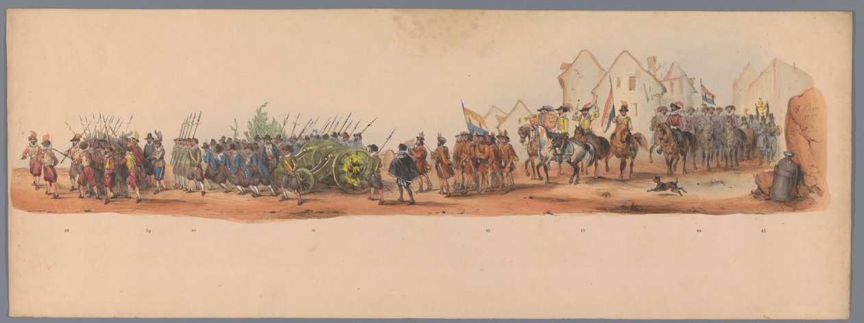 Történelmi körmenet az Utrechti Egyetem második századik évfordulóján, 1836 (10. tábla) A holland hadsereg menetelése Ostendébe, 1600. július 3-án, a nieuwpoorti győzelem másnapján; a H ​​H Studen által adott jelmezes előadás szerint alkotó: Victor Adam