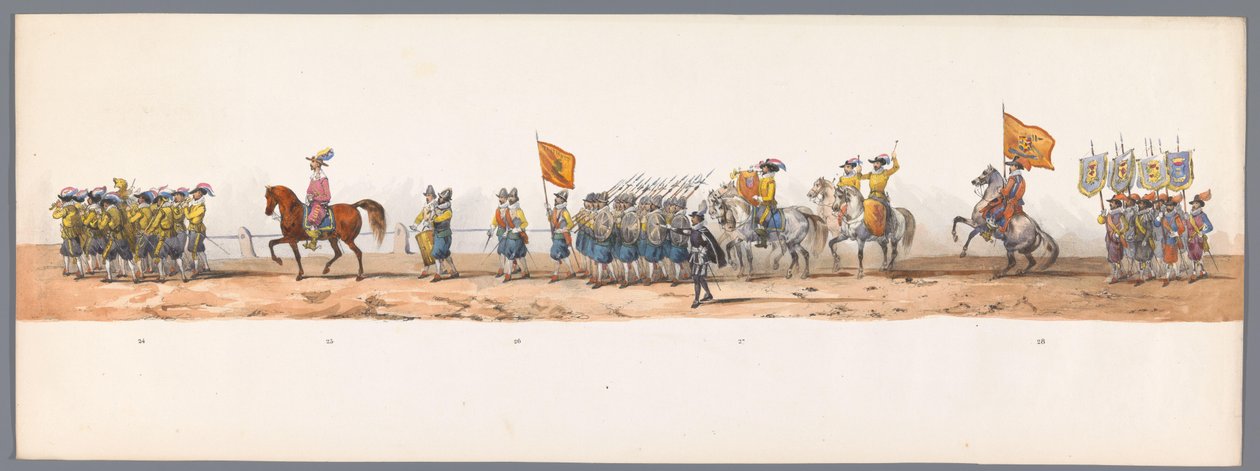 Történelmi körmenet az Utrechti Egyetem második századik évfordulóján, 1836 (7. tábla) A holland hadsereg menetelése Ostendébe, 1600. július 3-án, a nieuwpoorti győzelem másnapján; a H ​​H Student által adott jelmezes előadás szerint alkotó: Victor Adam