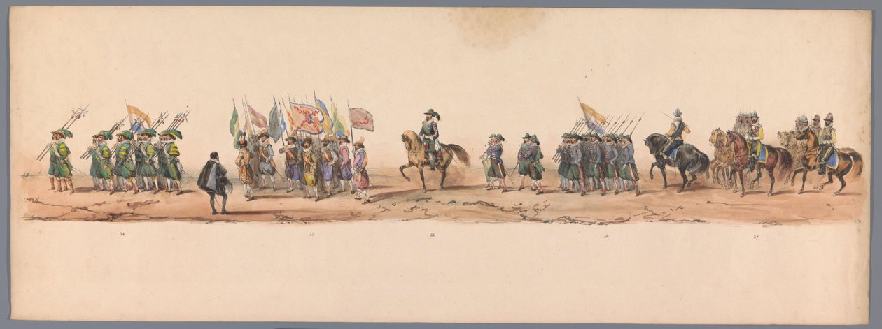 Történelmi körmenet az Utrechti Alkalmazott Tudományok Egyetemének második századik évfordulóján, 1836 (9. tábla) A holland hadsereg közeledése Ostendhez, 1600. július 3-án, a nieuwpoorti győzelem másnapján; a H ​​H Student által adott jelmezes ábrázolás s alkotó: Victor Adam