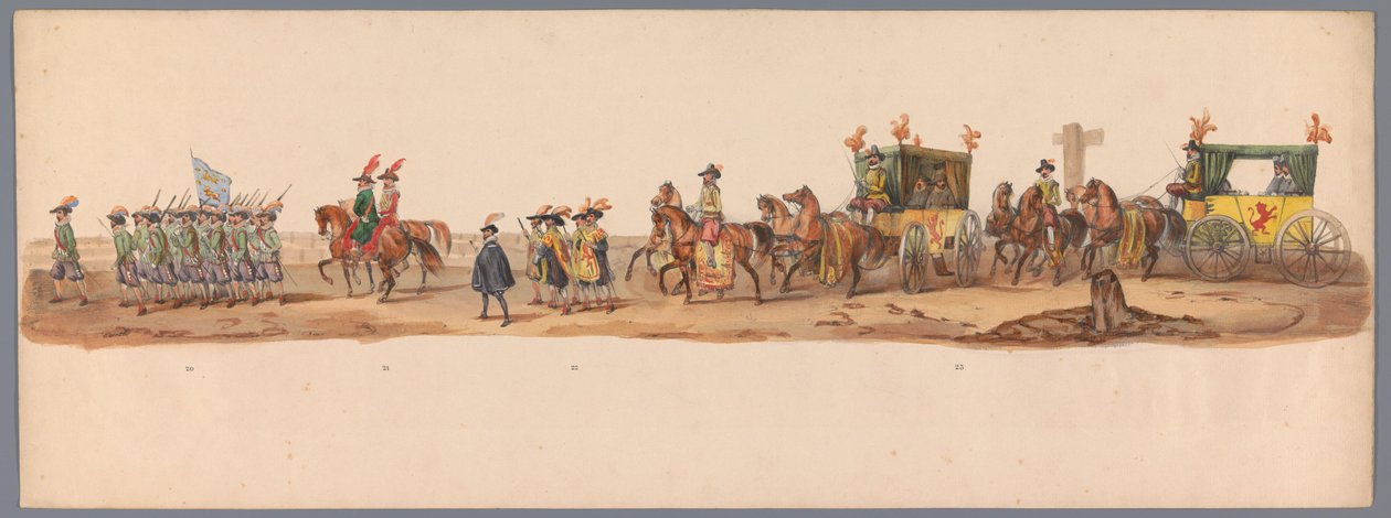 Historische optocht bij het tweede eeuwfeest van de Utrechtse Hogeschool, 1836 (plaat 6) Optogt des Nederlandschen Legers naar Ostende, den 3 July 1600, daags na de overwinning by Nieuwpoort; volgens de gecostumeerde voorstelling, gegeven door H H Student  alkotó: Victor Adam