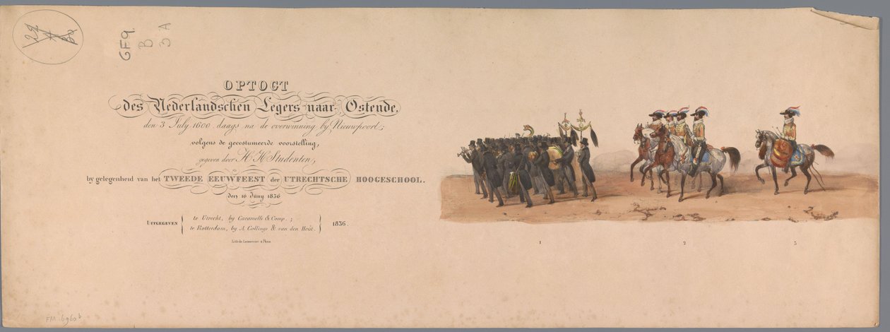 Történelmi körmenet az Utrechti Alkalmazott Tudományok Egyetemének második századik évfordulóján, 1836 (címnyomat) A holland hadsereg közeledése Ostendhez, 1600. július 3-án, a nieuwpoorti győzelem másnapján; a H ​​H Stud által adott jelmez szerint alkotó: Victor Adam