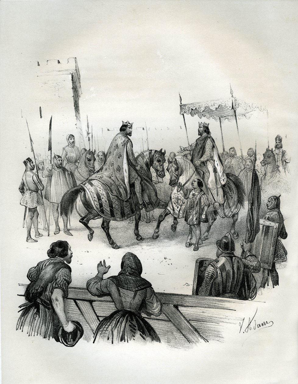 2. Henrik (a sánta és a szent néven ismert, 973-1024) német császár (Baviere hercege és Germánia királya) és 2. Pieux Róbert (970-1031), 996-tól haláláig Franciaország királya 1023-as interjúja. Robert Hugues Capet fia volt, akinek a koronázása alkotó: Victor Adam