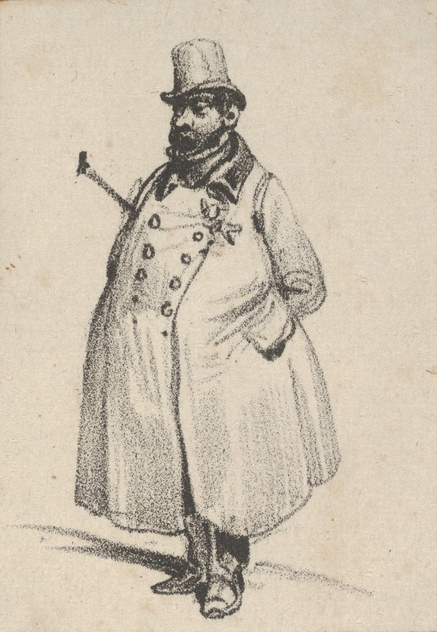 Kabátot és kalapot viselő férfi, hóna alatt bottal, 19. század közepe. alkotó: Victor Adam