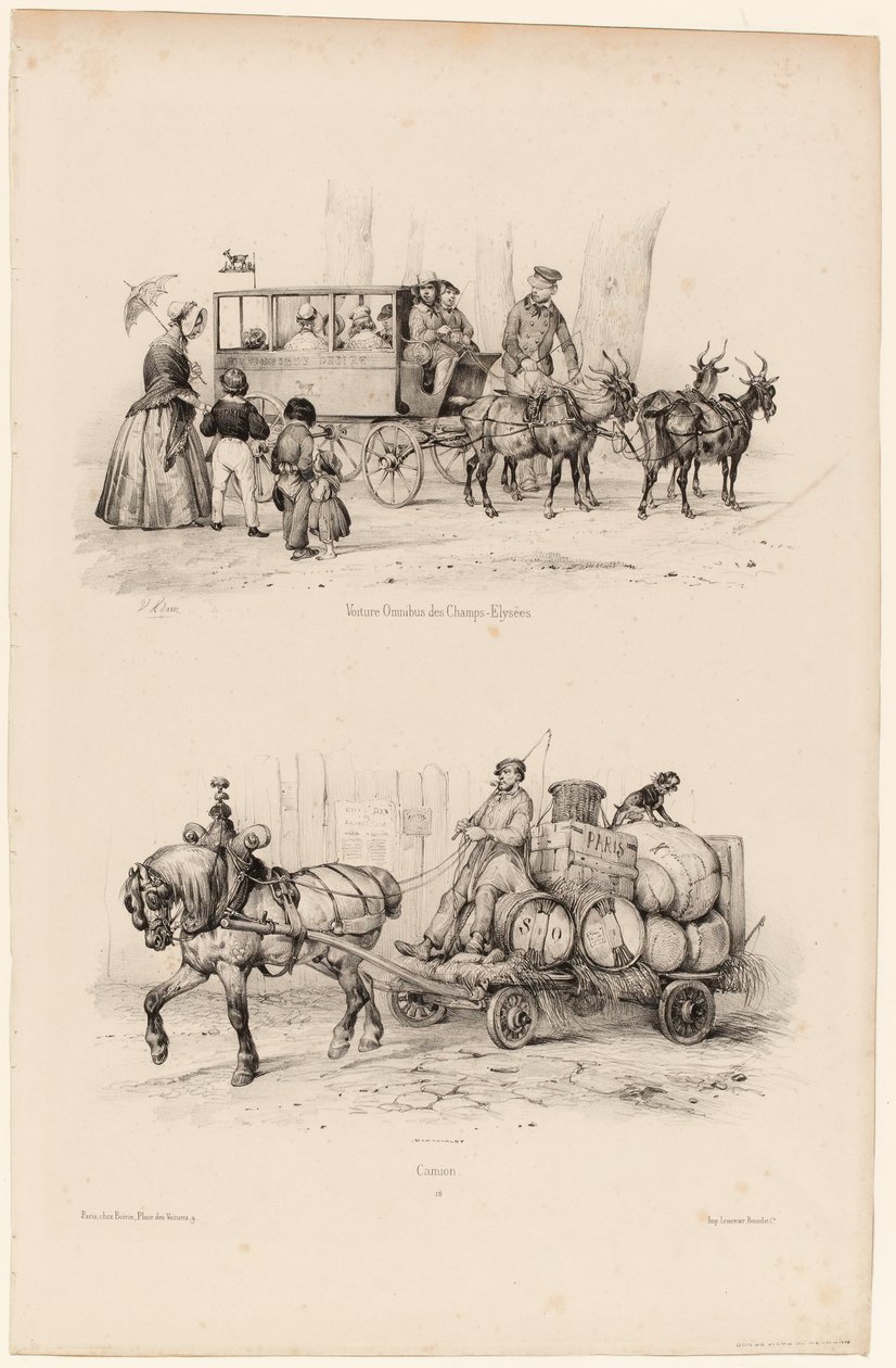 Omnibus busz a Champs-Elysées-n, 1841-44 körül (nyomtatott) alkotó: Victor Adam