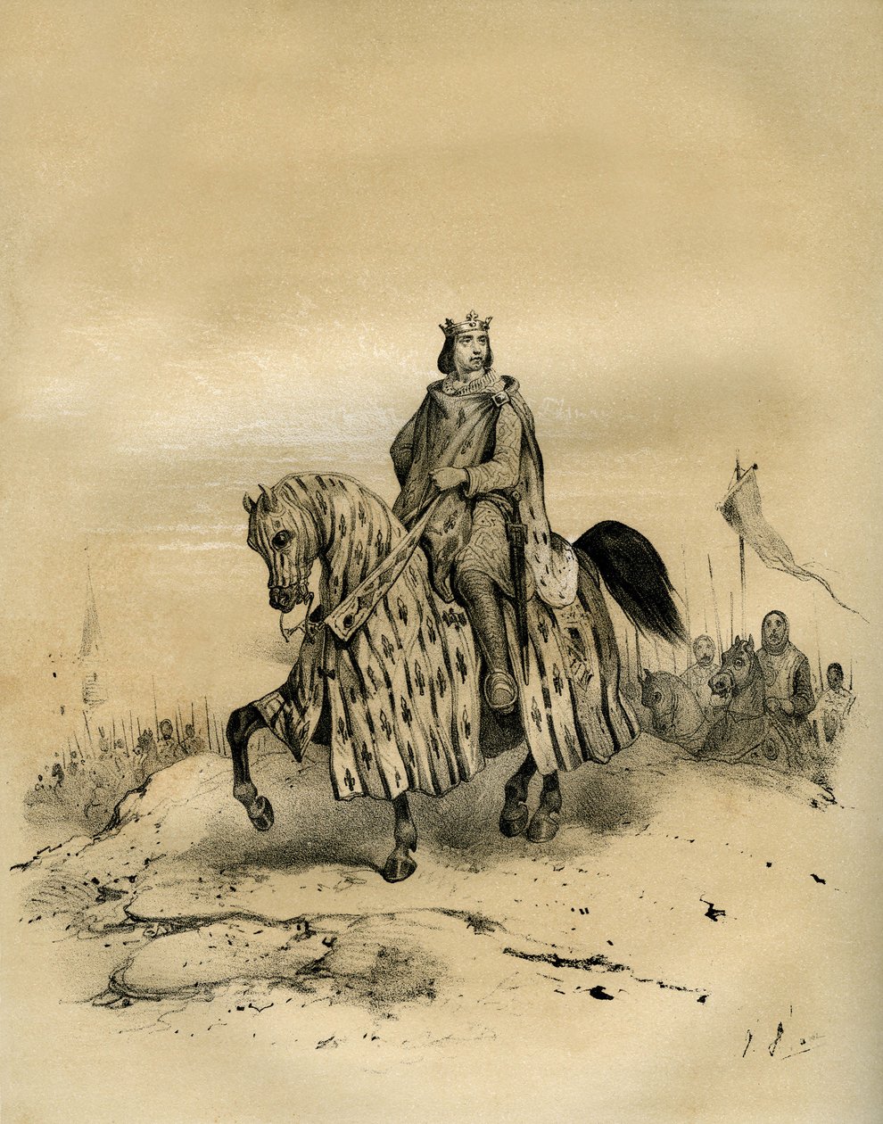 6. Valois-i Fülöp (1293-1350), Franciaország királya 1328-tól 1350-ig, a Valois-dinasztia első királya, aki 1328-ban, amikor átvette a hatalmat, 3. Edward angol trónkövetelői ellenére csapatai élén lovagolt. Ez a viszály nyitotta meg a 100 éves háborút. Ph alkotó: Victor Adam