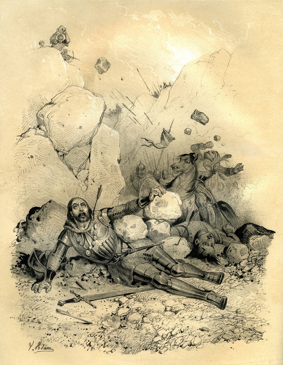 Roland, Bretagne márciusi grófja 778-ban a Ronceveaux völgyében (Pireneusok) halt meg egy vaskonok (baszkok) által vezetett különítmény által. Victor Adam (1801-1866) metszete az Ardant testvérek által a tizenkettedik század közepén kiadott "Franciaország  alkotó: Victor Adam