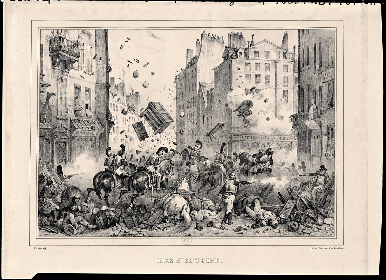 Rue Saint-Antoine 1830 júliusában, H. Delaporte metszete alkotó: Victor Adam