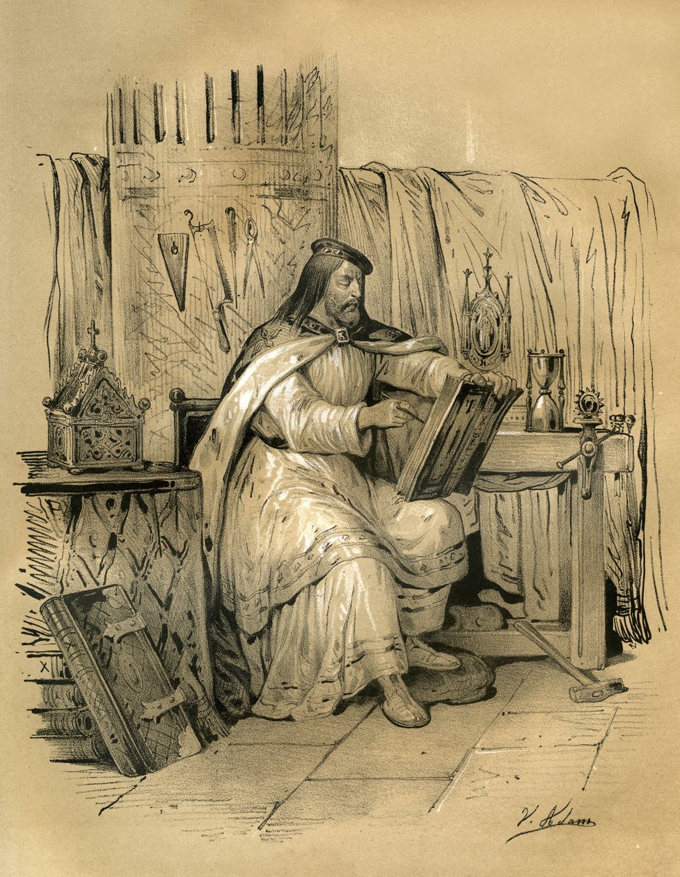 Szent Eloi (v.588-660) 1. Dagobert frank király aranyművese és tresorierje, majd 641-től haláláig Noyon eveque-ja. Victor Adam (1801-1866) metszete az Ardant testvérek által a középkor közepén kiadott "Franciaország a középkorban" című könyvben. alkotó: Victor Adam