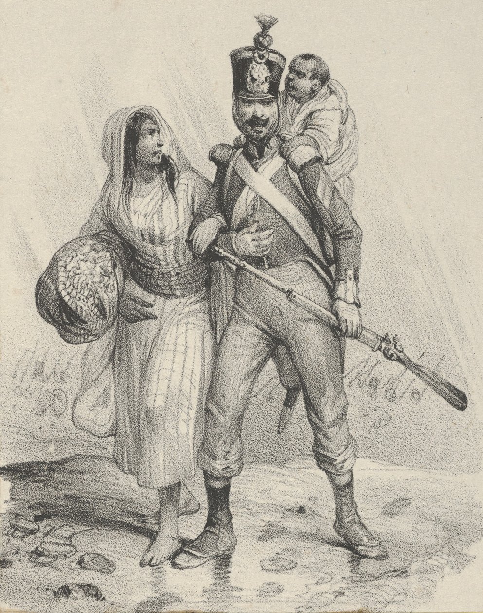 Katona nővel a karján, gyerekkel a hátán, 19. század közepe... alkotó: Victor Adam