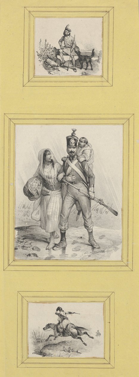 Soldaten und ein Highlander (3 Drucke unterschiedlicher Größe auf ein gelbes Blatt geklebt) alkotó: Victor Adam