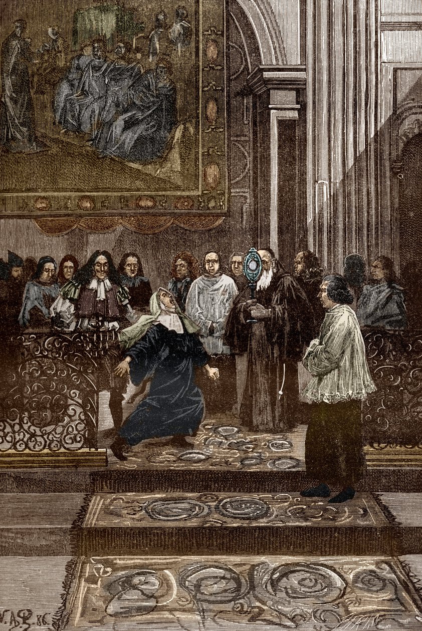 Affaire des possedes de Loudun (Demons de Loudun) 1630 körül: „Az ursulina kolostor megszállott anyjának ördögűzése Chinon papja, Pierre Barre által a „Loudun, a birtokok” eseményei nyomán, illusztráció a Loudu megszállottságáról alkotó: Victor Armand Poirson