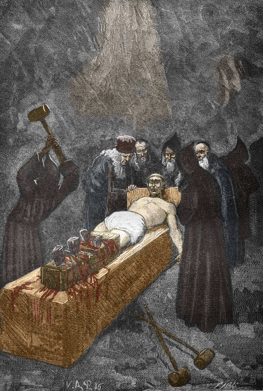 Loudun birtokosainak (Demons de Loudun) esete 1630 körül: boszorkányüldözés, Urbain Grandier (1590-1634) francia pap, aki állítólag egyezséget kötött az ördöggel, és az apácák megbabonázásával vádolja, hímzésre való kínzás - (Urbain Nagyobb, francia alkotó: Victor Armand Poirson