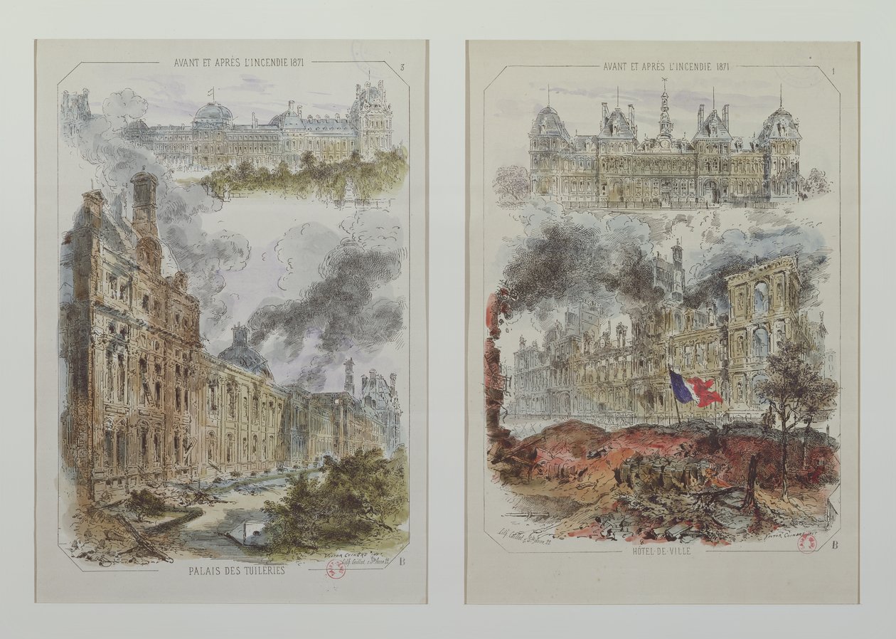 Kilátás a Tuileries-palotára és a Hotel de Ville-re az 1871-es tűzvész előtt és után alkotó: Victor Coindre