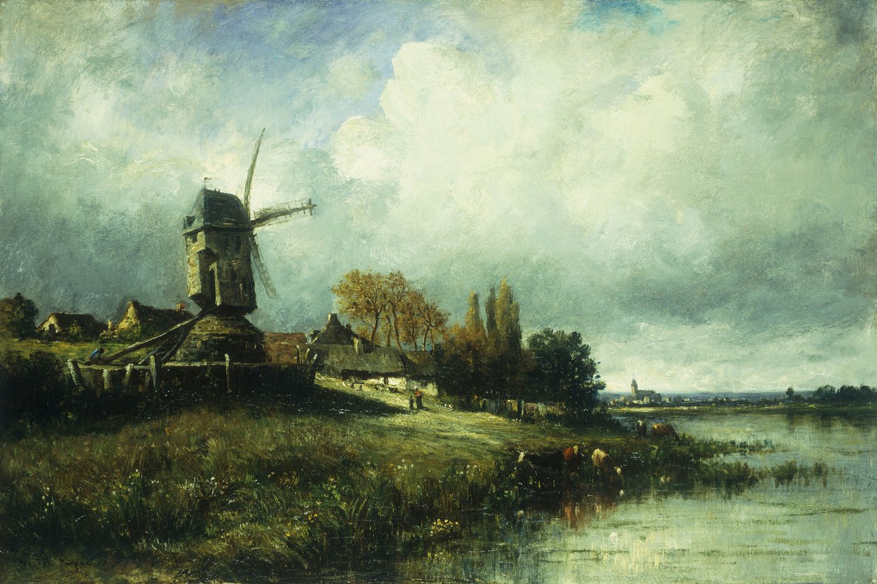 Folyói táj szélmalommal, 1870 alkotó: Leon Victor Dupre