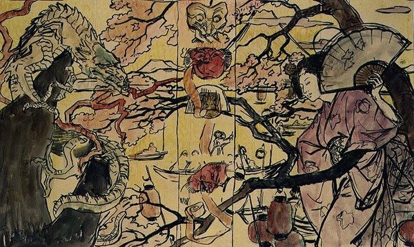 Vázlat egy japán művészetről szóló könyv kötéséhez (akvarell papíron) alkotó: Victor Emile Prouve