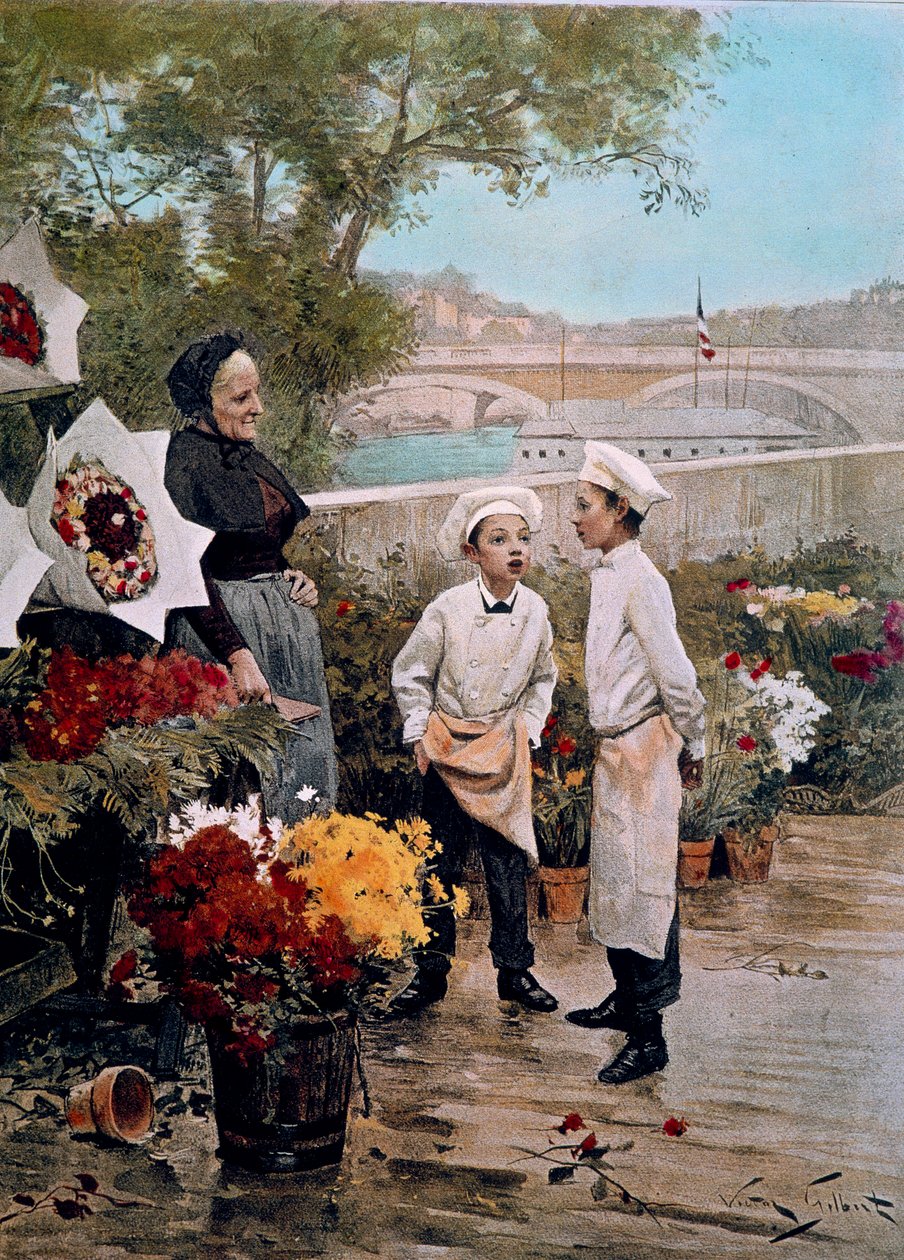 A mecénások bulija Virágüzlet-tanoncok és virágbolt a dokkban. Metszet Victor Gabriel Gilbert festménye után (1847-1933) XIX. Párizs, díszítőművészet alkotó: Victor Gabriel Gilbert