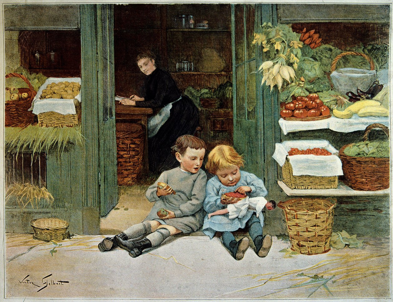 Járja be őt. Gyermek pirítóst eszik az anyjuk élelmiszerei előtt. A kislány térdén baba van. Victor Gilbert (1847-1935) festménye. Párizs, dekoratív művészet alkotó: Victor Gabriel Gilbert