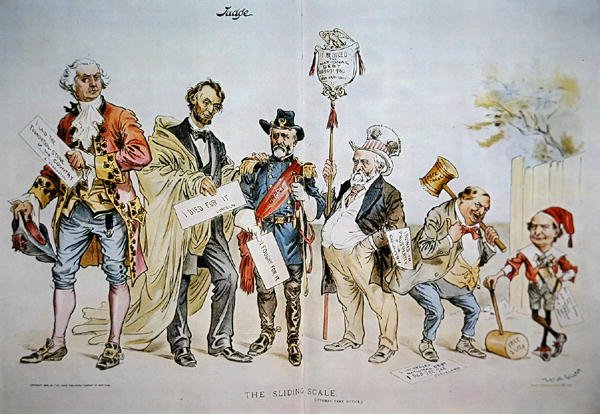 A „The Sliding Scale”-t politikai státuszban ábrázoló rajzfilm az USA-ban, a „Bíró”-ban, 1896. október 3-án (színes litó) alkotó: Victor Gillam