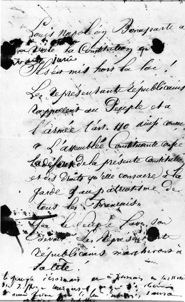 A kiáltvány első oldala, amely a párizsi lakossághoz fordul, hogy utasítsák vissza a francia alkotmány Louis Napoleon Bonaparte általi megsértését, 1851 (toll és tinta papíron) alkotó: Victor Hugo