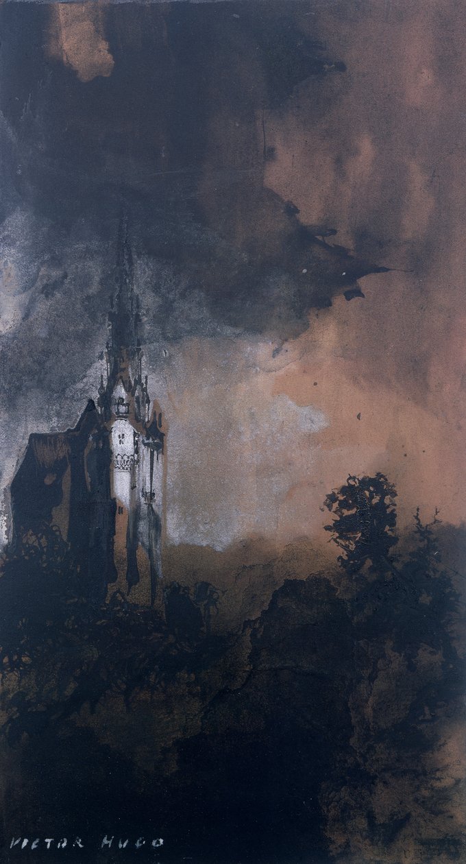 A kastély a holdfényben (toll és indiai tinta, szépia és gouache papíron) alkotó: Victor Hugo