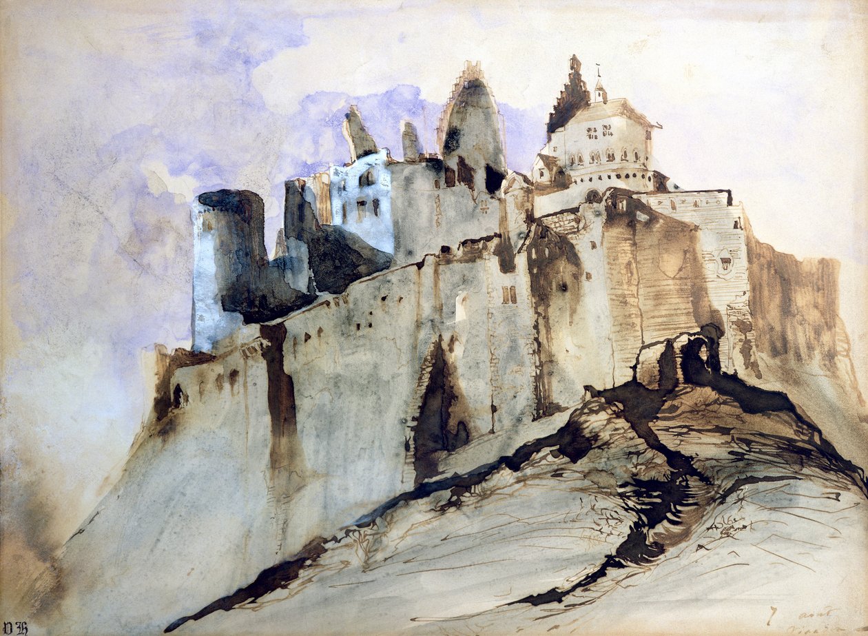 The Chateau of Vianden, 1871 (wc, toll, tinta és mosás papíron) alkotó: Victor Hugo