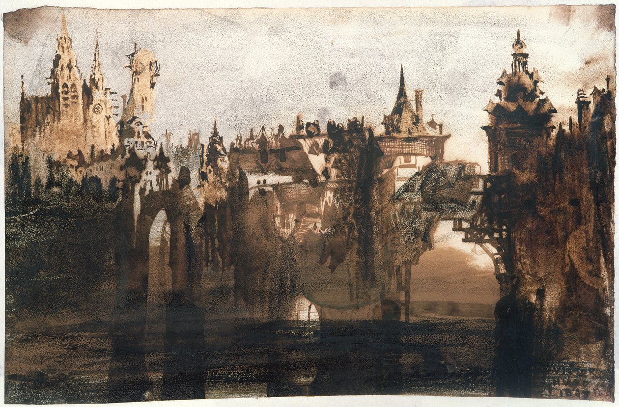 Város törött híddal (grafit, indiai tinta és szépia papíron) alkotó: Victor Hugo