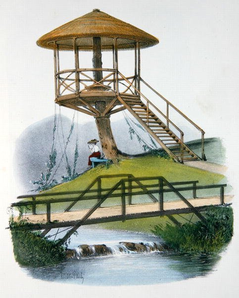 Egy kunyhó és rusztikus híd a Parc de la Motte-ban, Bourgogne, illusztráció a "Habitations Champetres"-ből, Párizs, 1895 körül (chromolitho) alkotó: Victor Jean Baptiste (after) Petit
